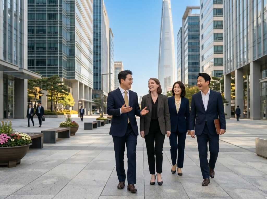 Business professionals walking in Seoul, supported by AMP Interpro's US-Korea cross-border business services for relocation and market entry