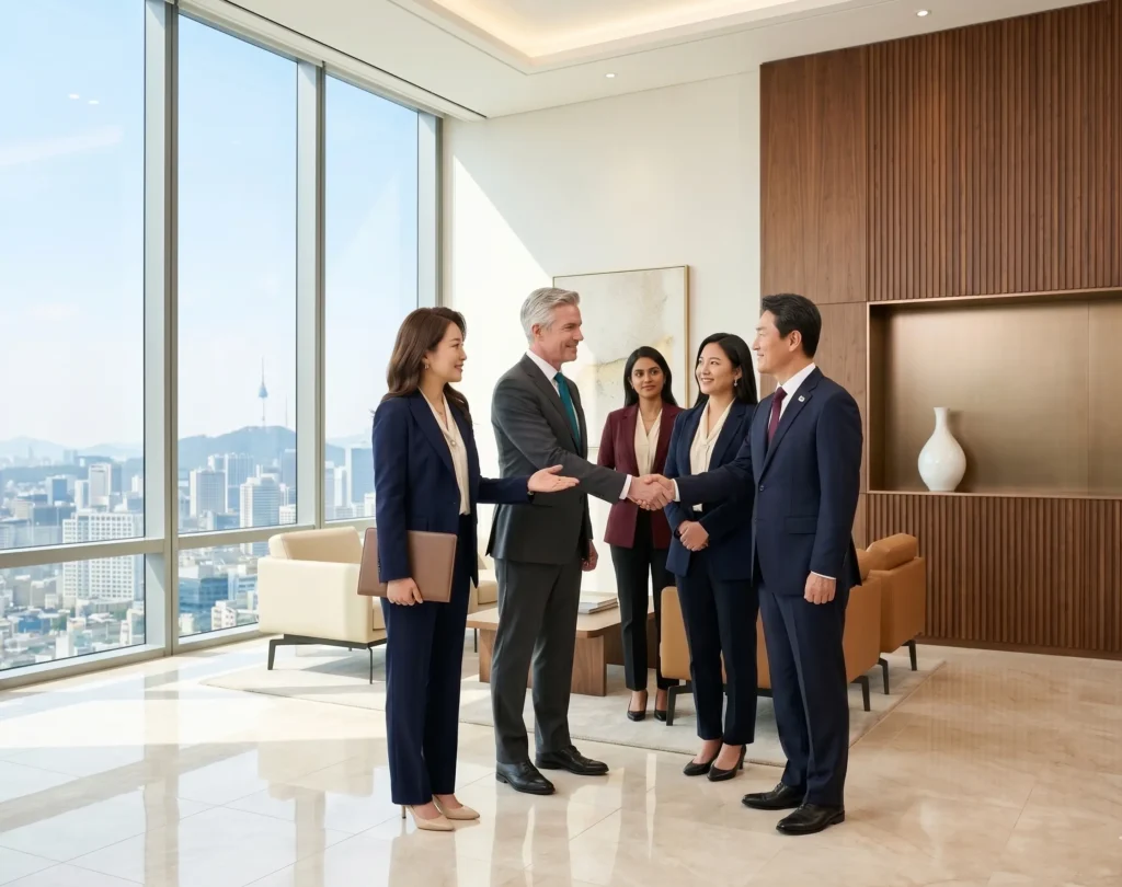 Business partners greeting each other as part of AMP Interpro's US-Korea cross-border business services planning process