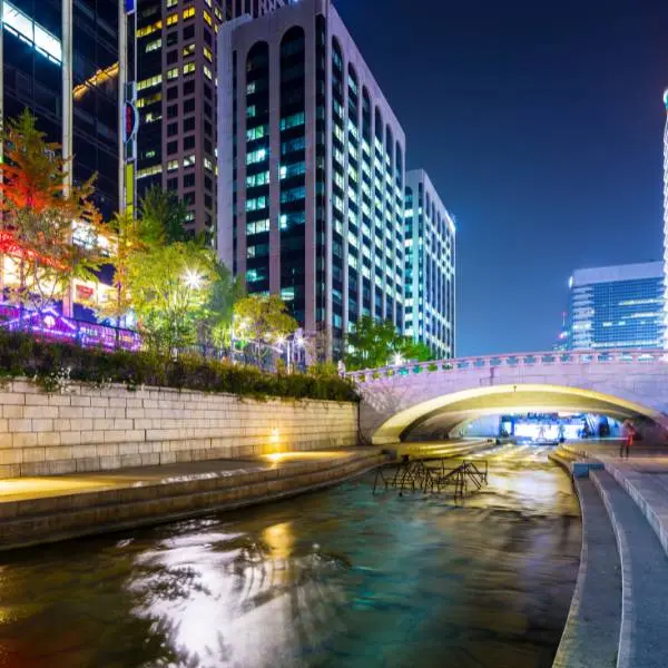 Cheonggyecheon Stream and modern Seoul skyline at night, part of AMP Interpro's cultural immersion experience