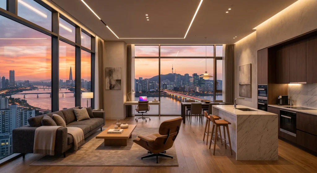 Korea Officetel Modern officetel in Korea living room with a Seoul city skyline view