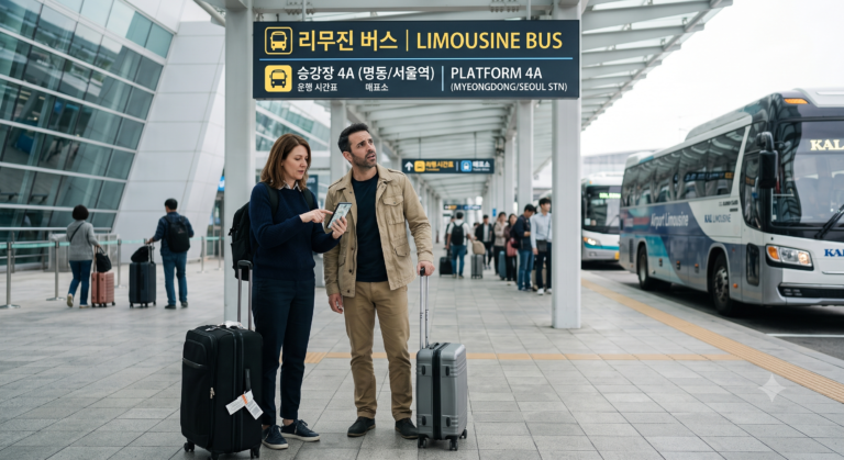 Korea transportation guide: traveler with luggage boarding an airport limousine bus in Korea