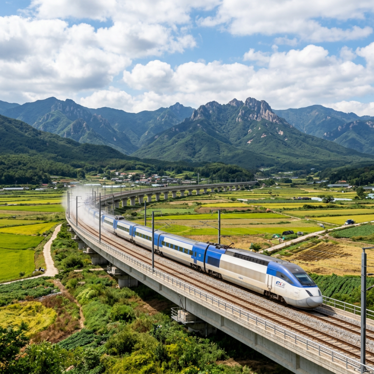 High-speed train traveling on a curved elevated railway track through green fields with mountains in the background