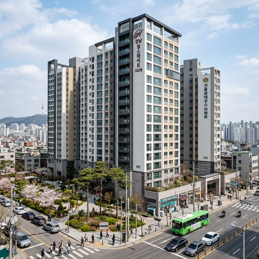 Modern Seoul Apartment Complex Exterior High-rise Seoul apartment building representing a corporate vs. individual property purchase in Korea