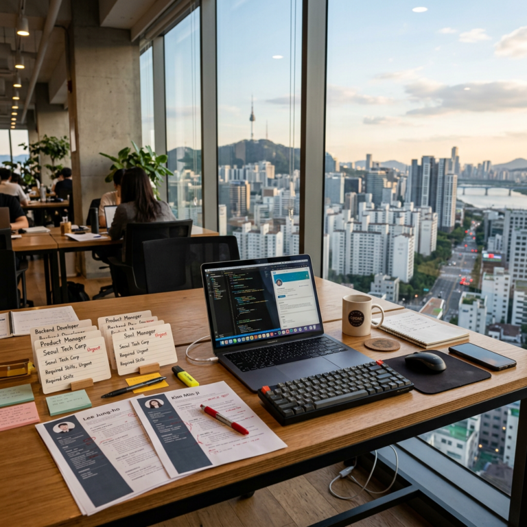 Office desk with laptop coding screen, resumes, and stationery by window showing city buildings