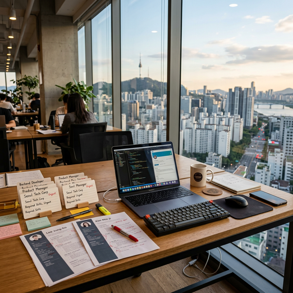 Modern office space with cityscape view Laptop and resumes on a desk representing job search platforms in Korea for foreigners
