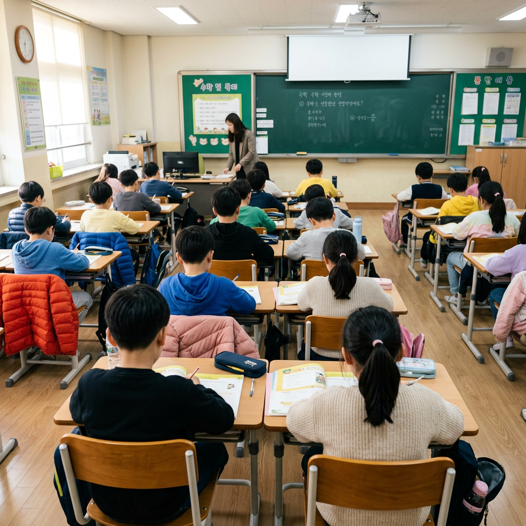 Elementary classroom math lesson School placement in Korea: elementary students working with their teacher at desks