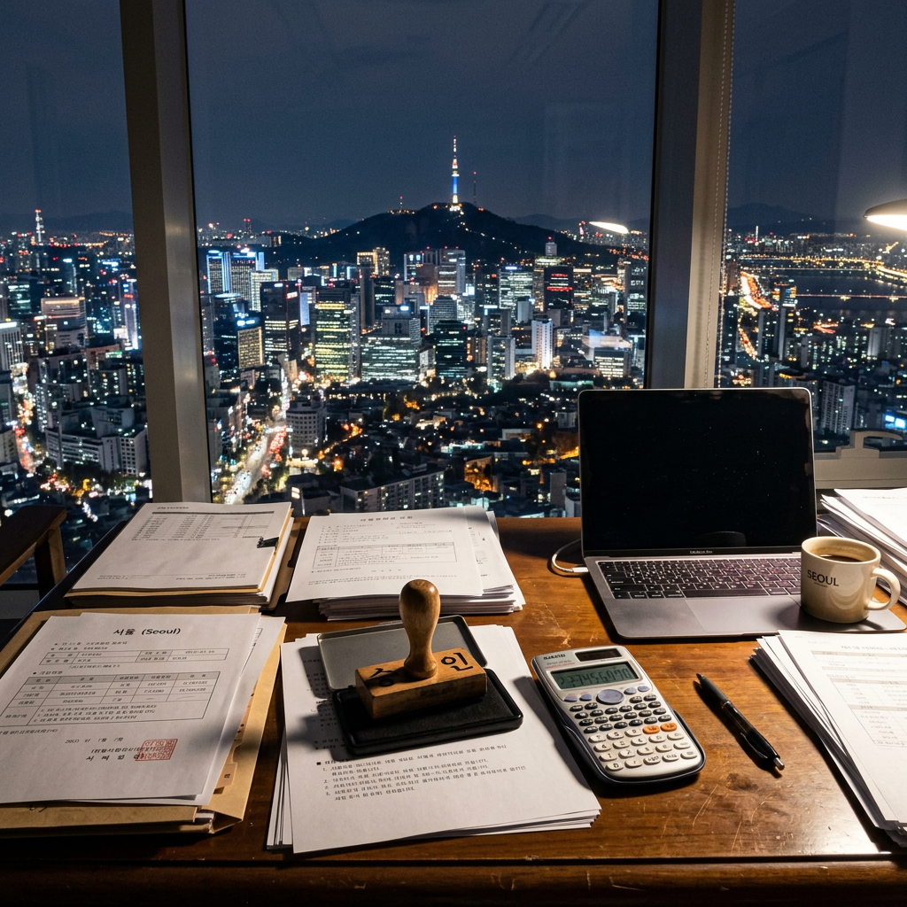 Nighttime urban office with Seoul view Business registration in Korea paperwork, stamp, and laptop on a desk overlooking the Seoul skyline at night