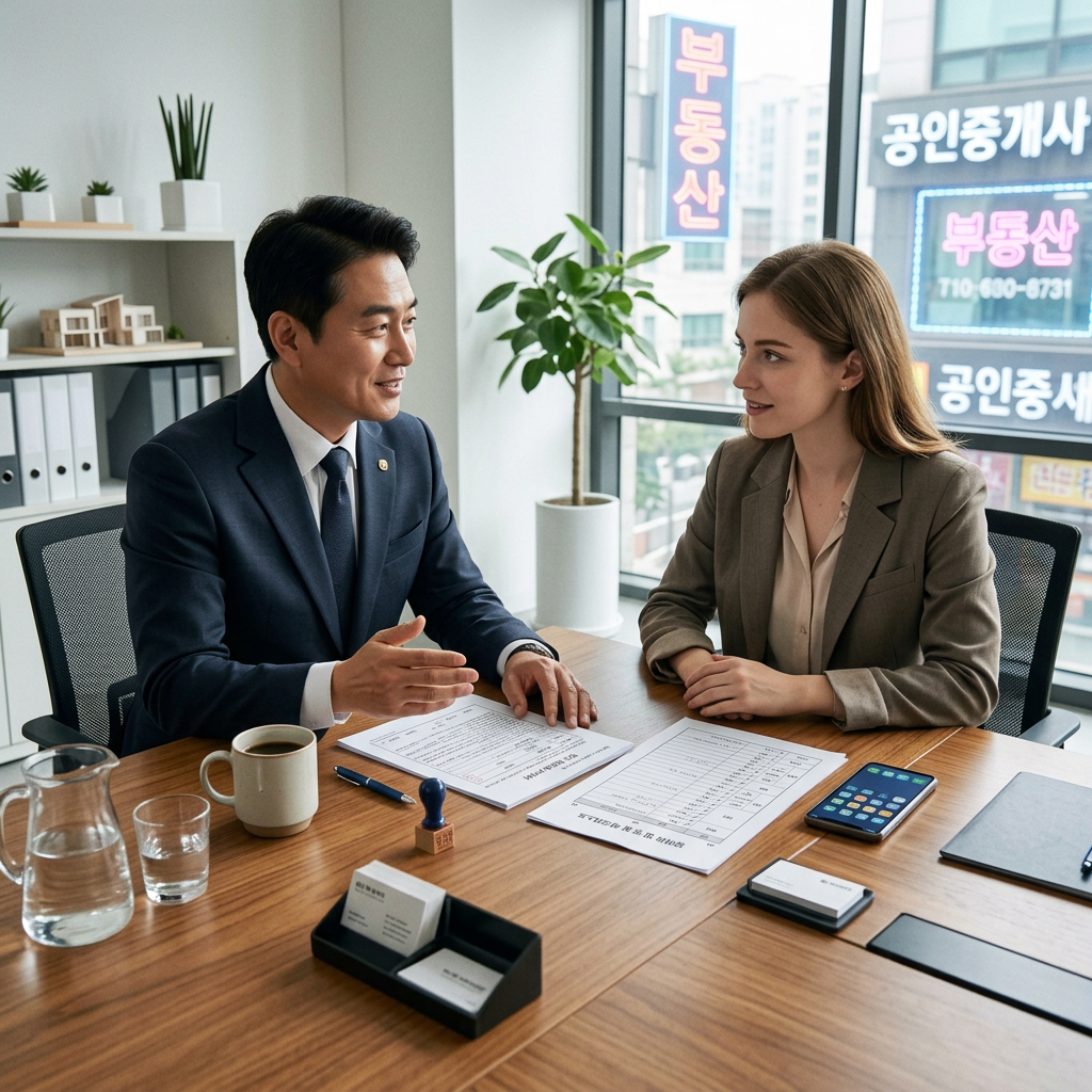 image-6a62cd45e6819 Foreigner and Korean realtor talking in office