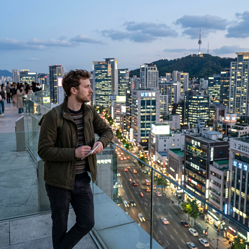 Overlooking Seoul cityscape at dusk Business consultant reviewing D-8 visa Korea application notes on a rooftop overlooking the Seoul skyline