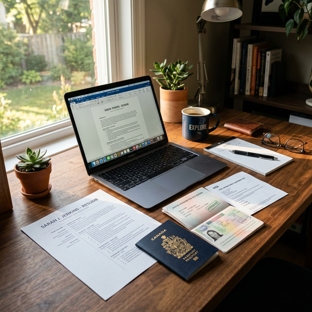 Laptop displaying a resume next to printed resume, passport, visa, coffee cup, glasses, and pen on wooden desk