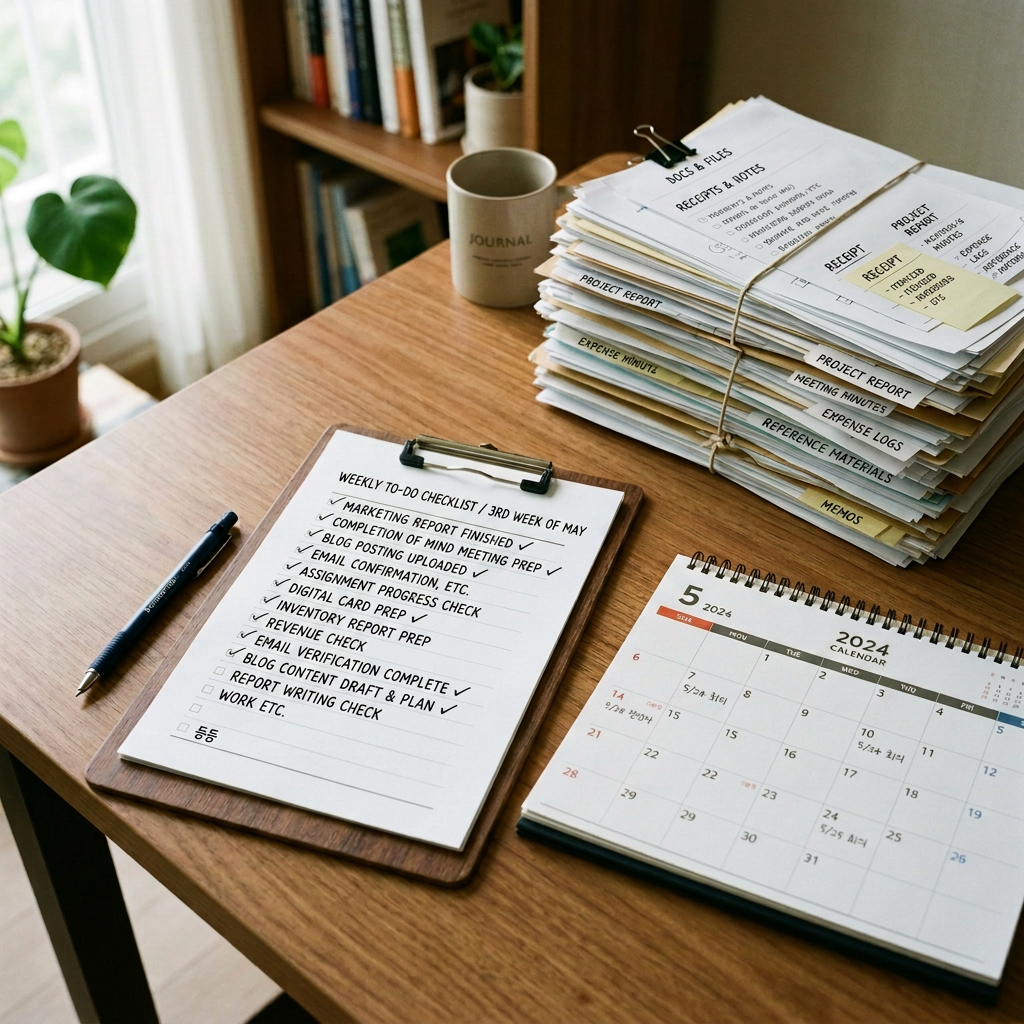 Wooden desk with a Korean-style resume checklist, clipboard, calendar showing May 2024, and stacked documents with Korean labels