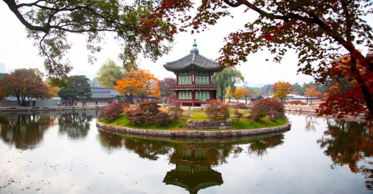 Hyangwonjeong Pavilion in Seoul surrounded by autumn foliage, a peaceful spot for Digital Nomad Visa (F-1-D) holders exploring South Korea