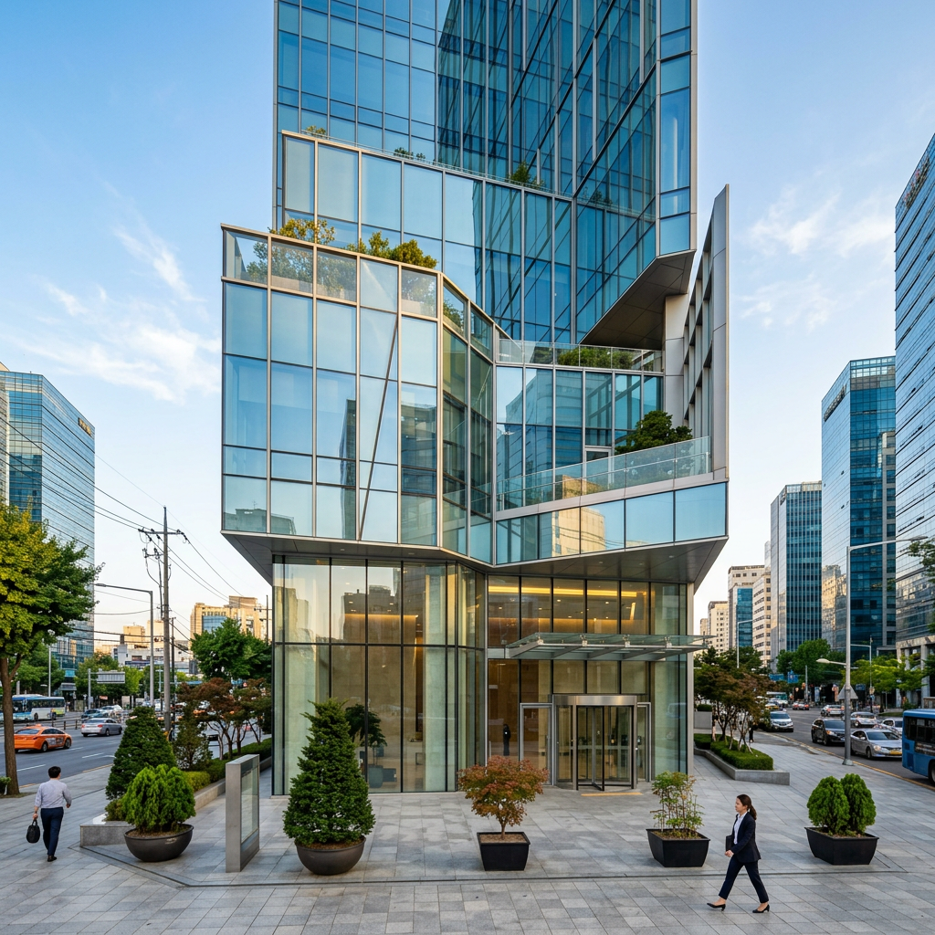 Modern glass office building entrance Corporate bank account in Korea - entrance of a modern glass office building