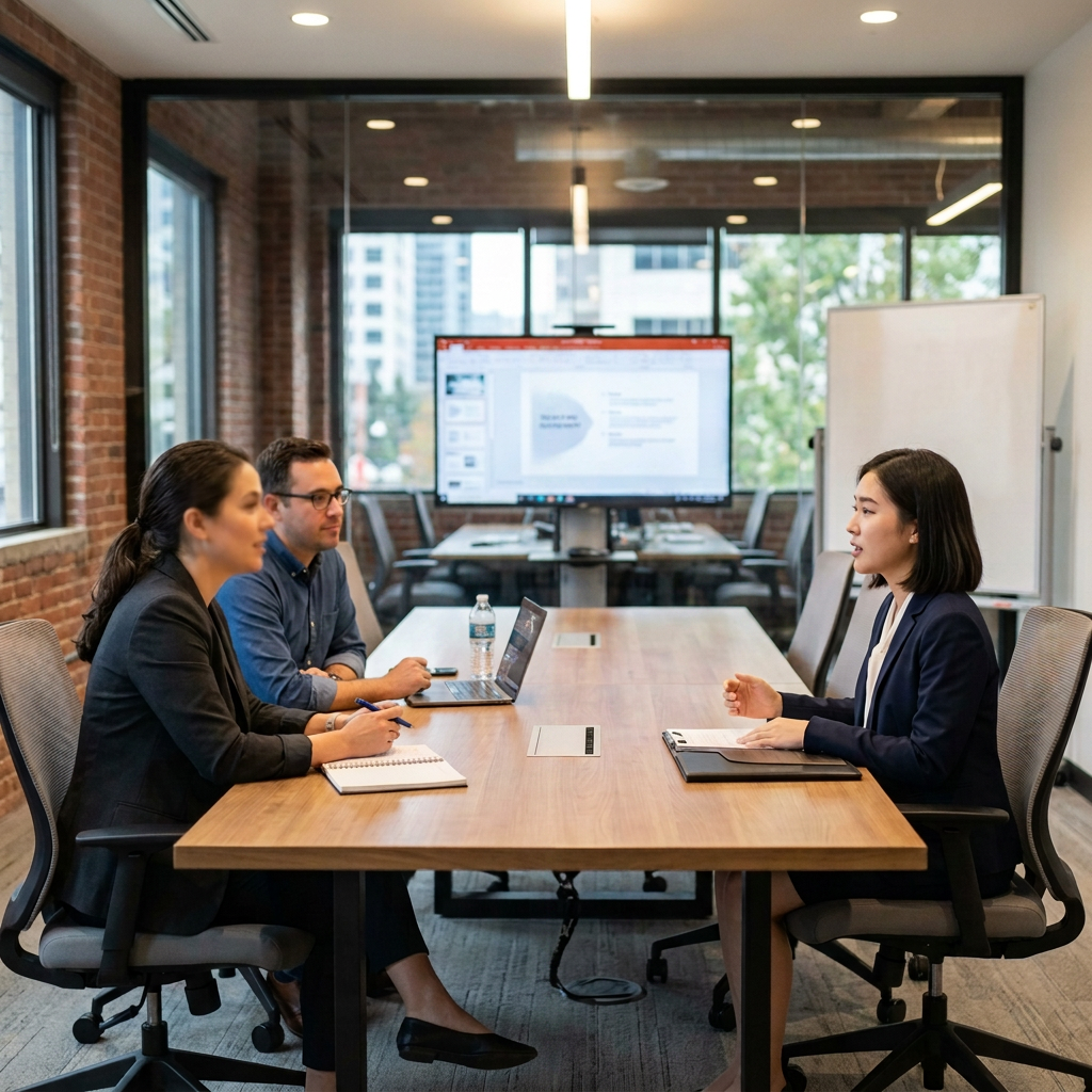 A woman in business attire interviewed by two professionals at a conference table