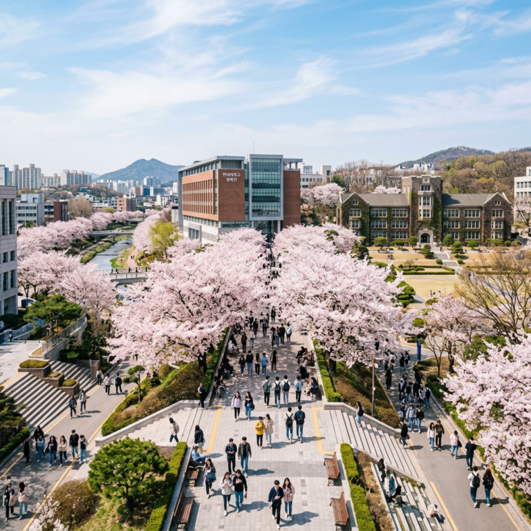 Campus walkway lined with blooming cherry blossom trees and students walking