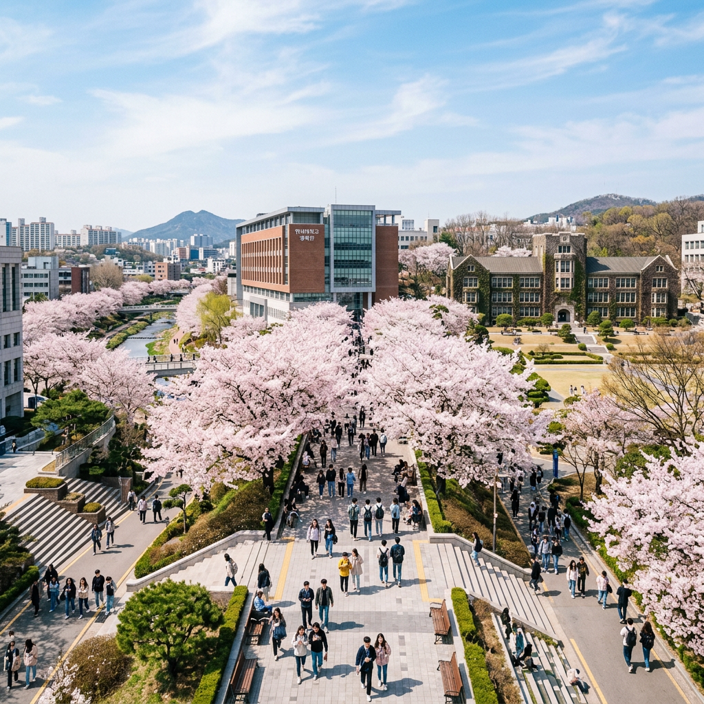 Campus walkway lined with blooming cherry blossom trees and students walking